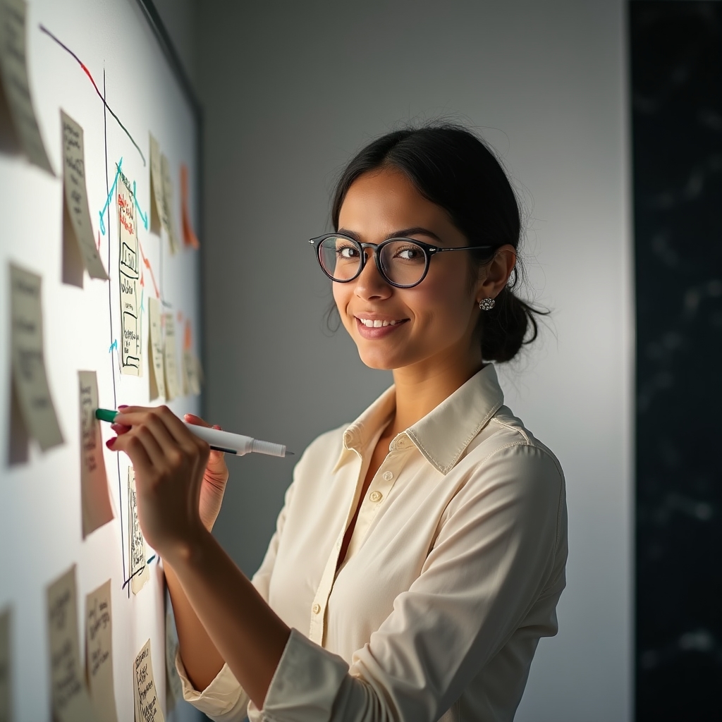 A content strategist annotating audience research notes on a whiteboard during a working session
