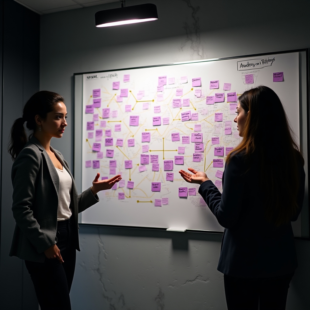 A whiteboard covered in channel strategy diagrams and sticky notes mapping content to audience segments