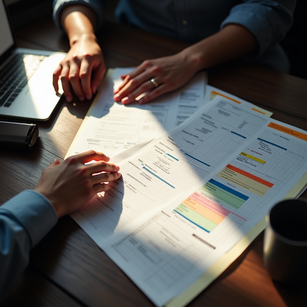 Close view of a content audit spreadsheet spread across a desk with a laptop and coffee cup