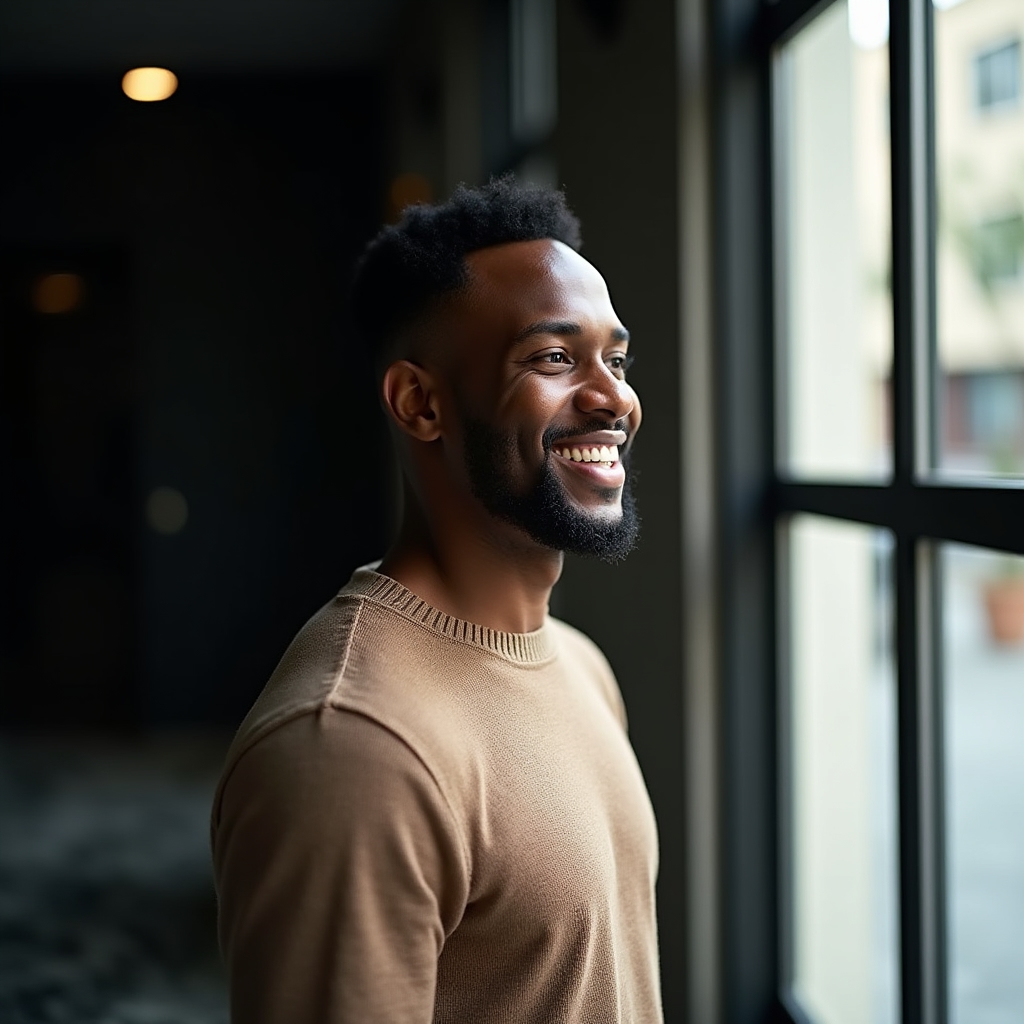 A young content strategist smiling while reviewing notes near a bright office window