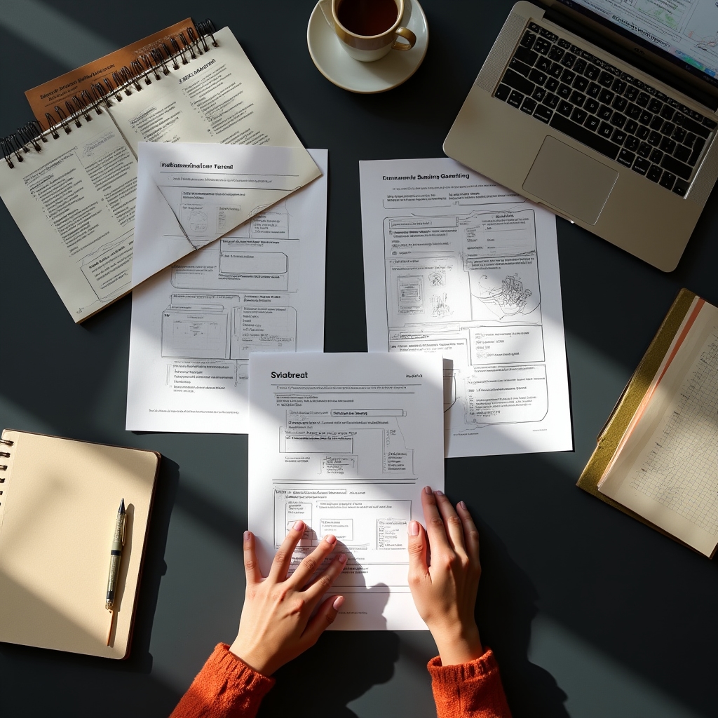 Overhead view of a strategy workshop table with printed worksheets, a laptop, and a notebook mid-session