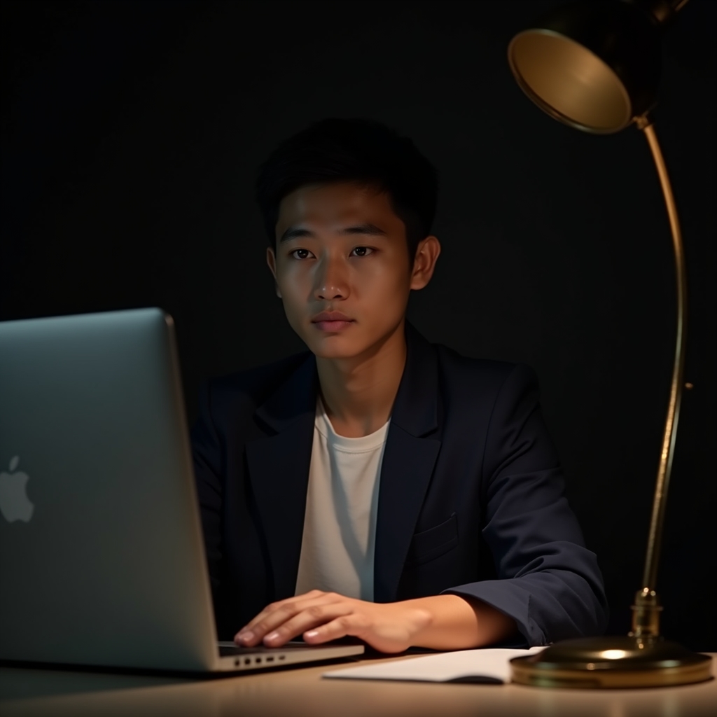 A young professional reviewing a content strategy curriculum on a laptop at a quiet desk