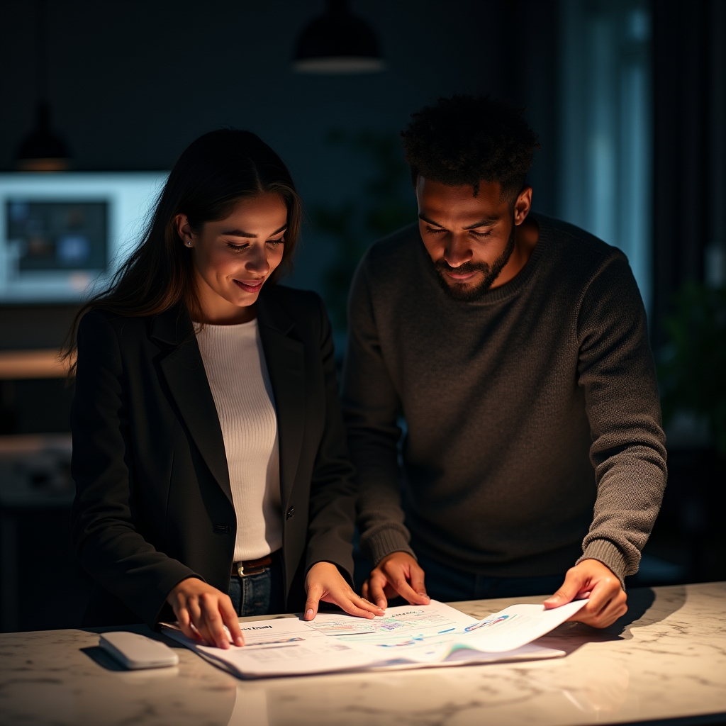Two content professionals reviewing a strategic content plan together at a marble-topped table