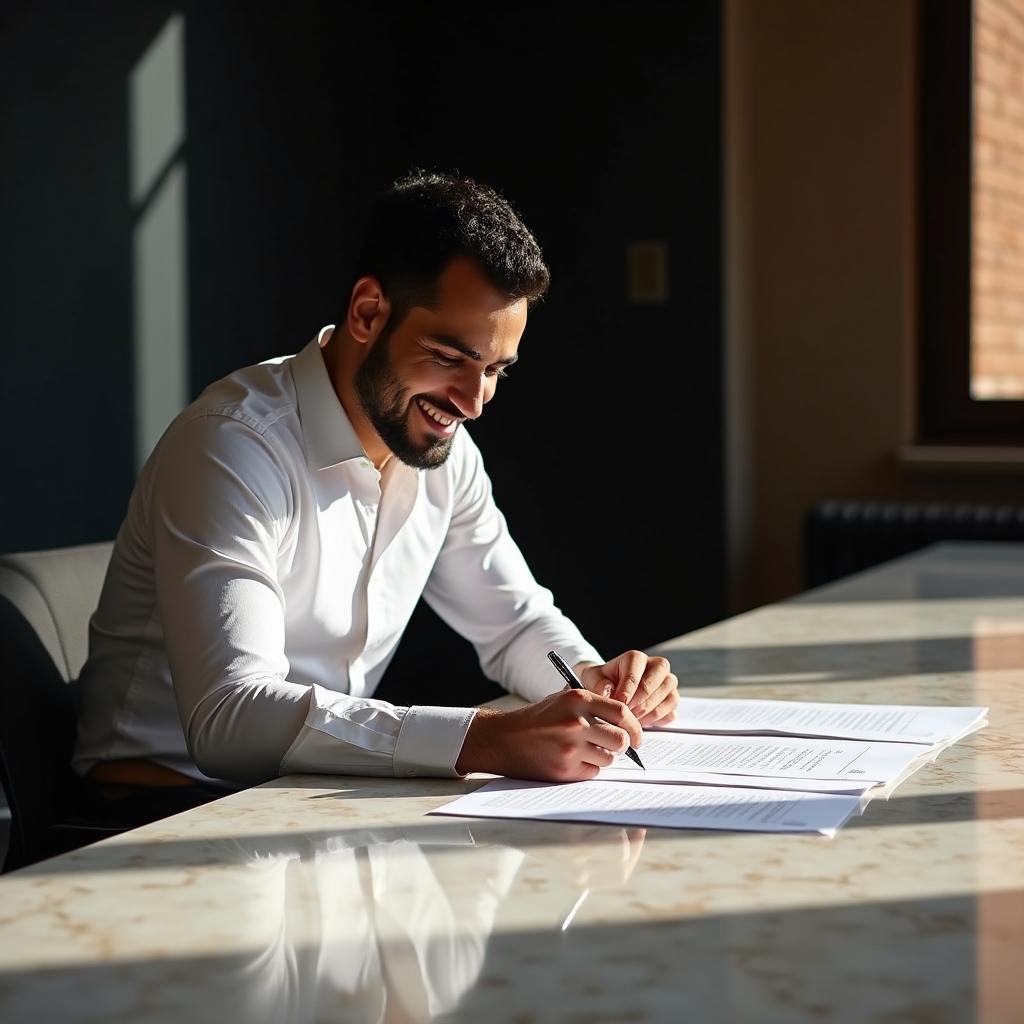 A strategist reviewing a printed content plan document spread across a conference table