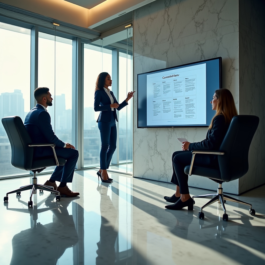 A content strategist presenting a channel plan to two stakeholders in a glass-walled meeting room